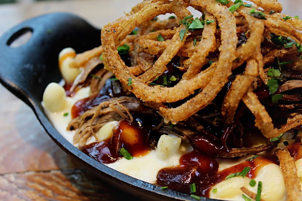 BBQ Pork Mac and Cheese in a Skillet