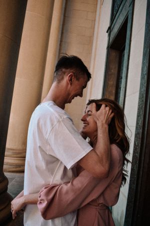 kansas city engagement photography, man running hands through woman's hair