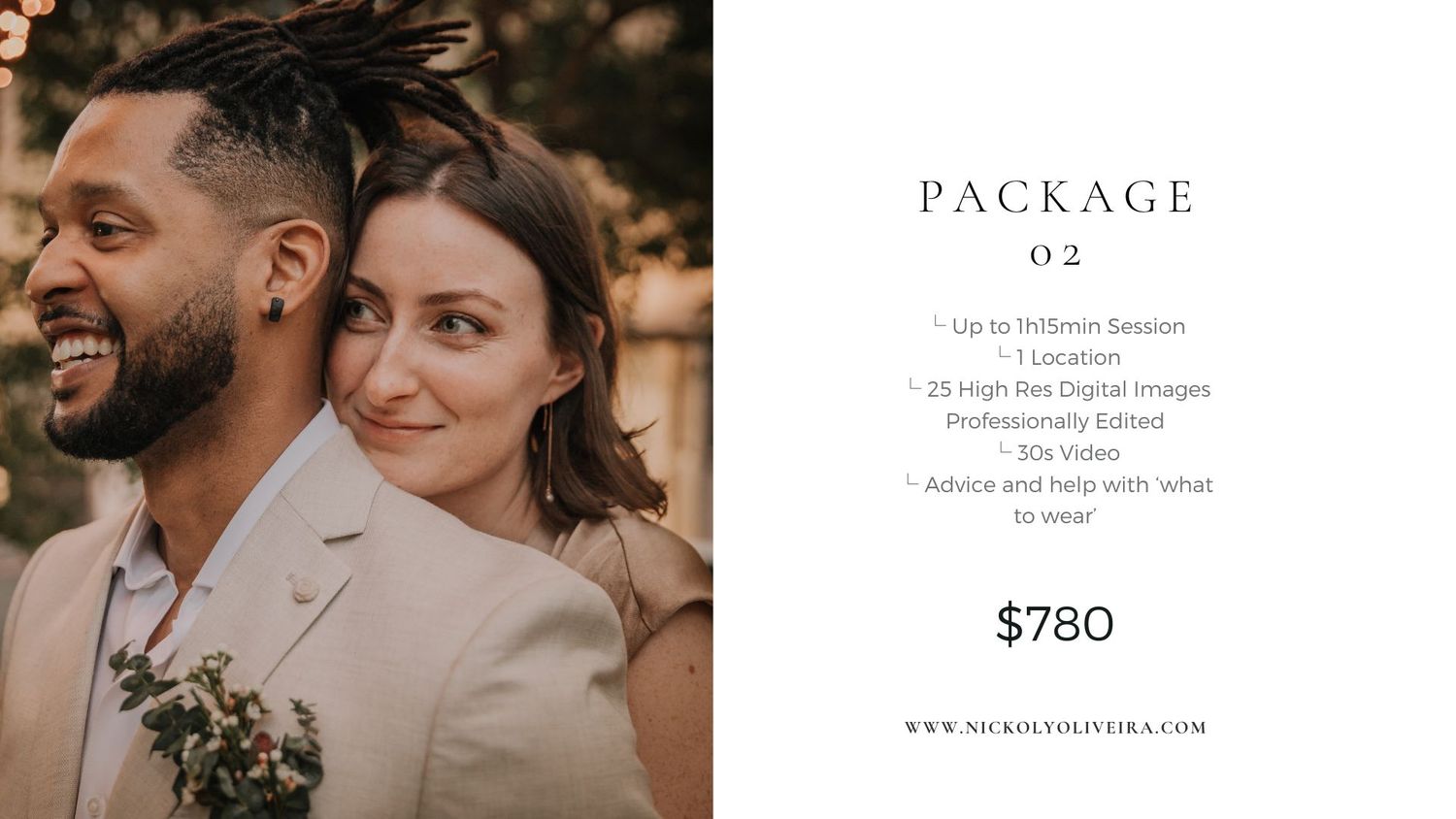 Wedding photography package pricing template with couple portrait.