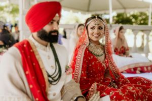 Traditional Sikh wedding ceremony with couple in red and cream attire.