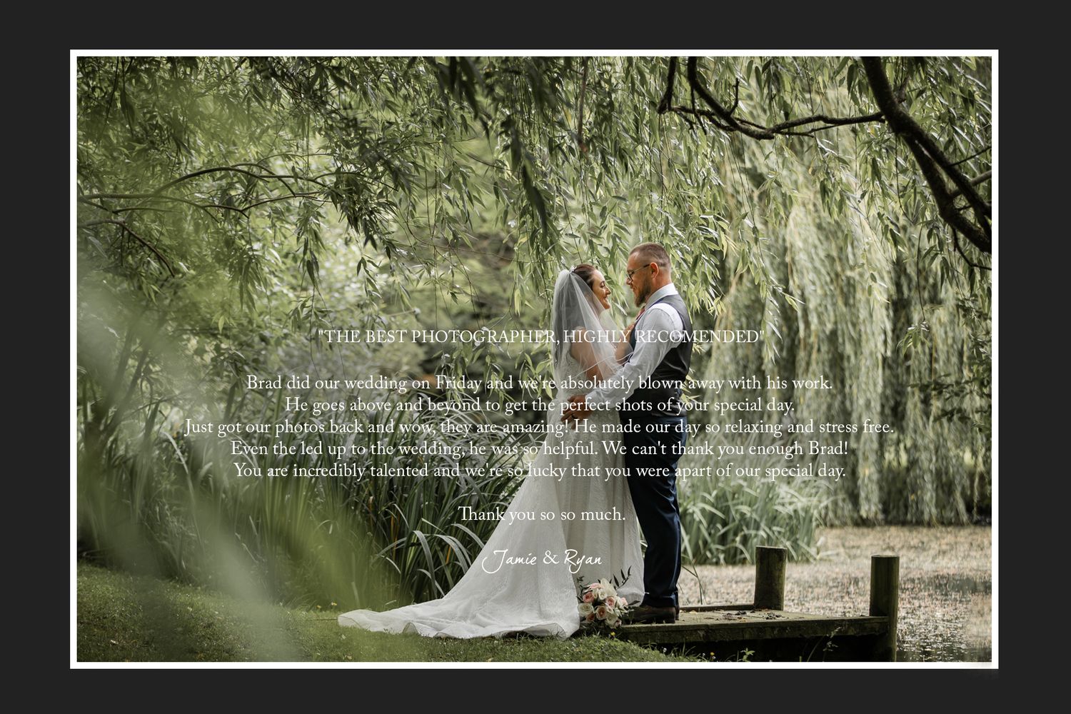 A wedding couple shares an intimate moment under a weeping willow tree.
