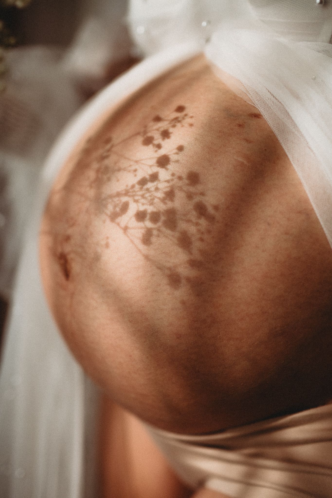 Series of images showing stretch marks and pregnant belly in natural lighting.