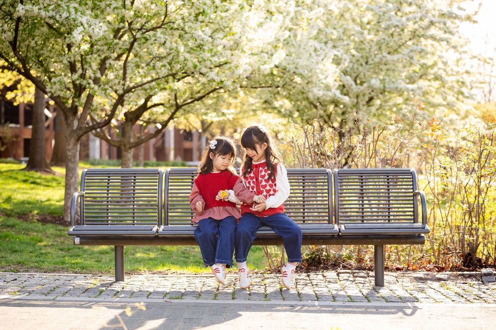 Two young girls sit together on a park bench under blooming white trees, looking at a book on a sunny day.