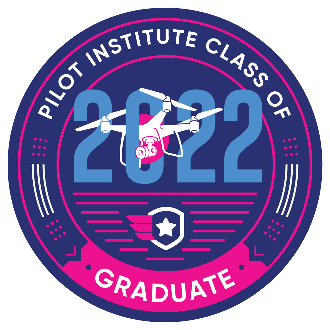 Pilot Institute Class of 2022 graduation badge with drone illustration in purple and pink colors.