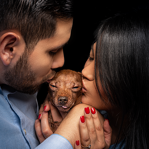 Couple kissing their brown dog's face against black background.