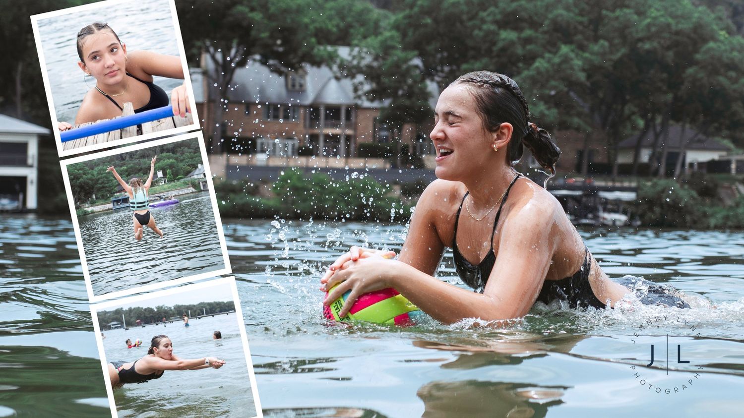 A swimmer enjoys refreshing lake water on a summer day while holding a colorful pool float.
