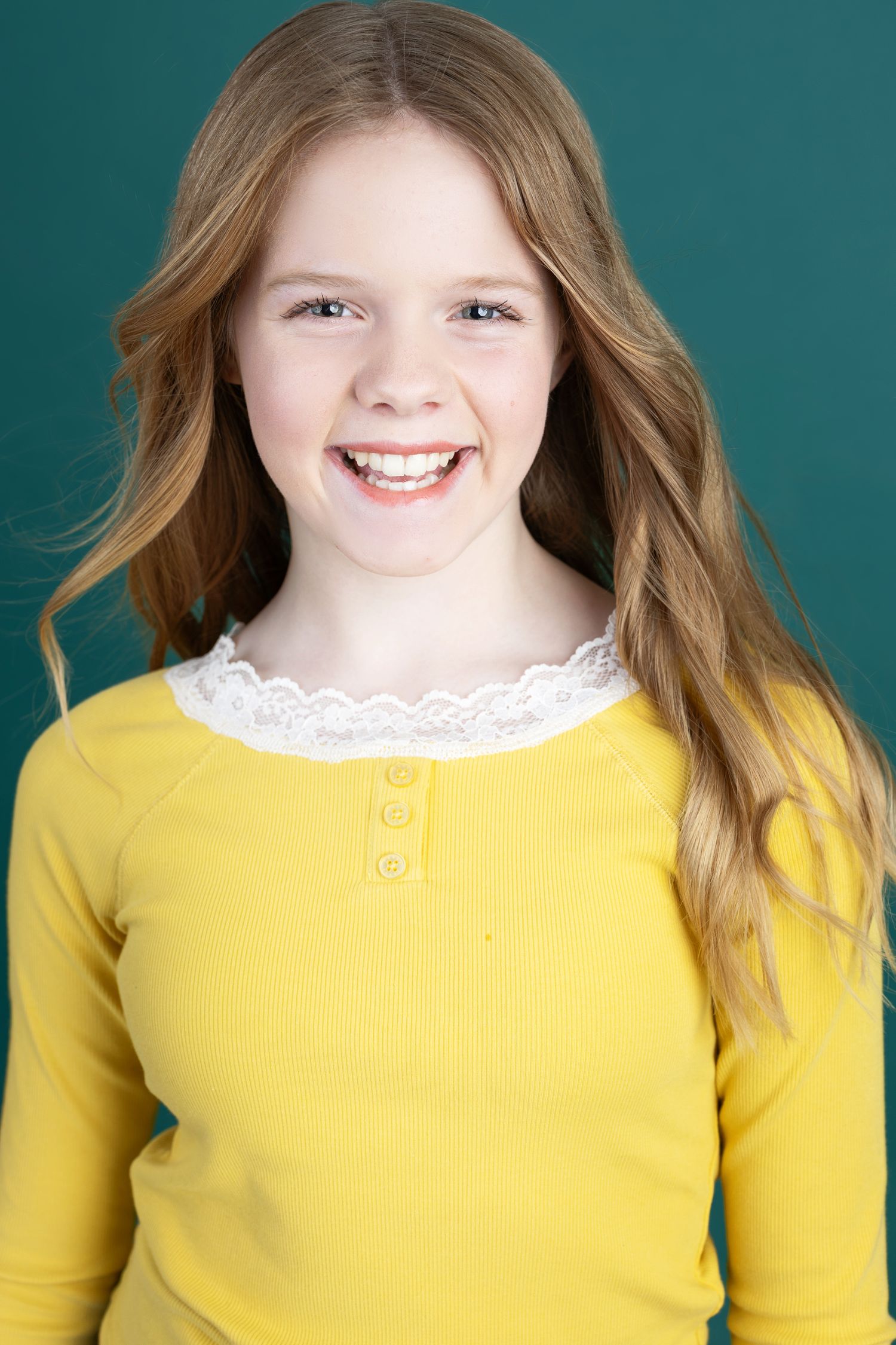 A sequence of six cropped portrait photos showing someone in a bright yellow sweater with a lace collar against a teal background.