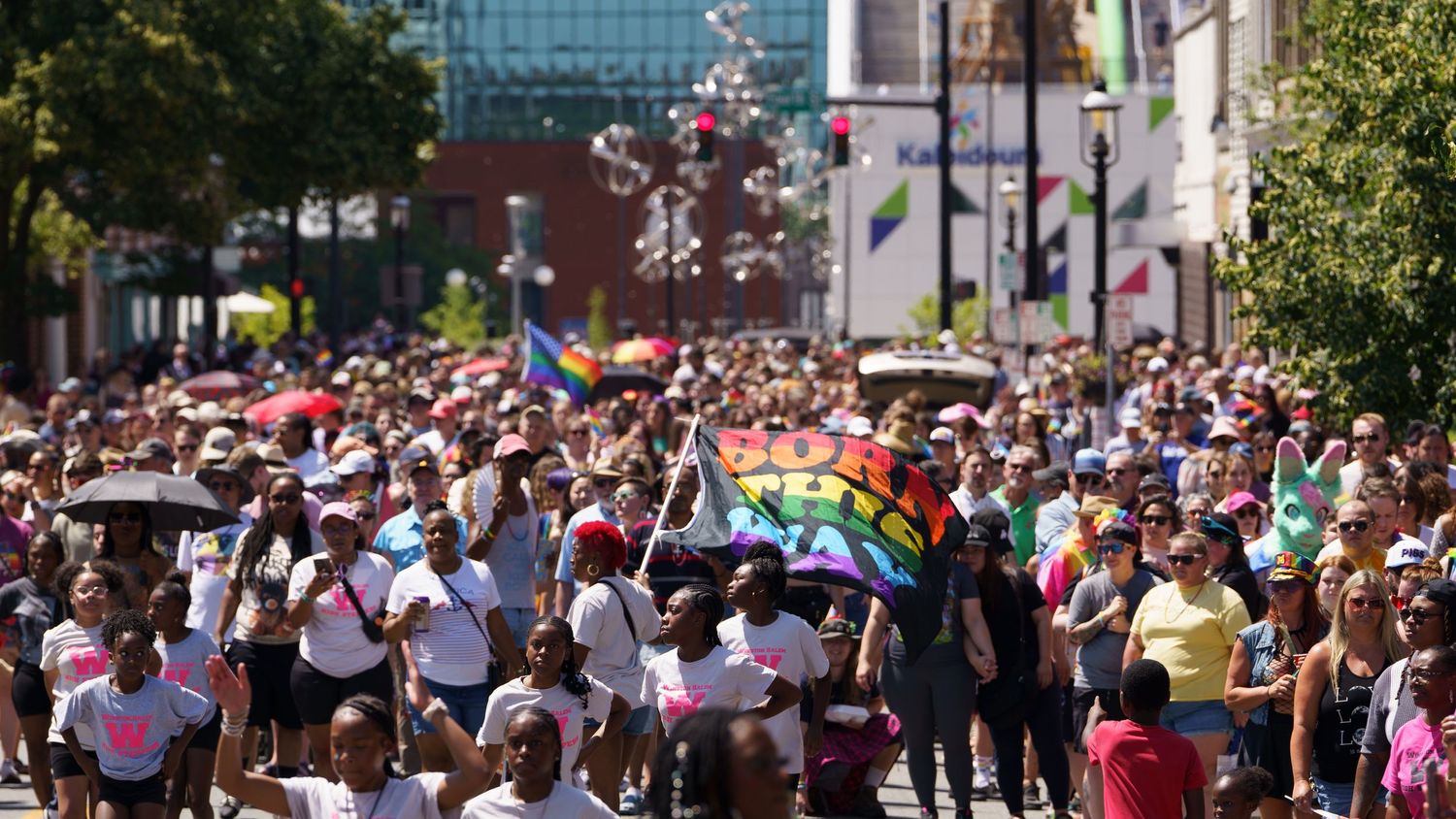 Winston-Salem PRIDE parade June 22, 2024, paradegoers walk with giant flag that reads, Born This Way