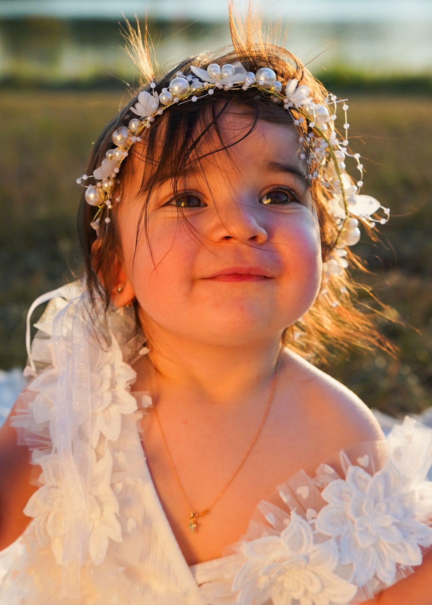 A young child wearing a delicate floral crown glowing in golden sunlight.