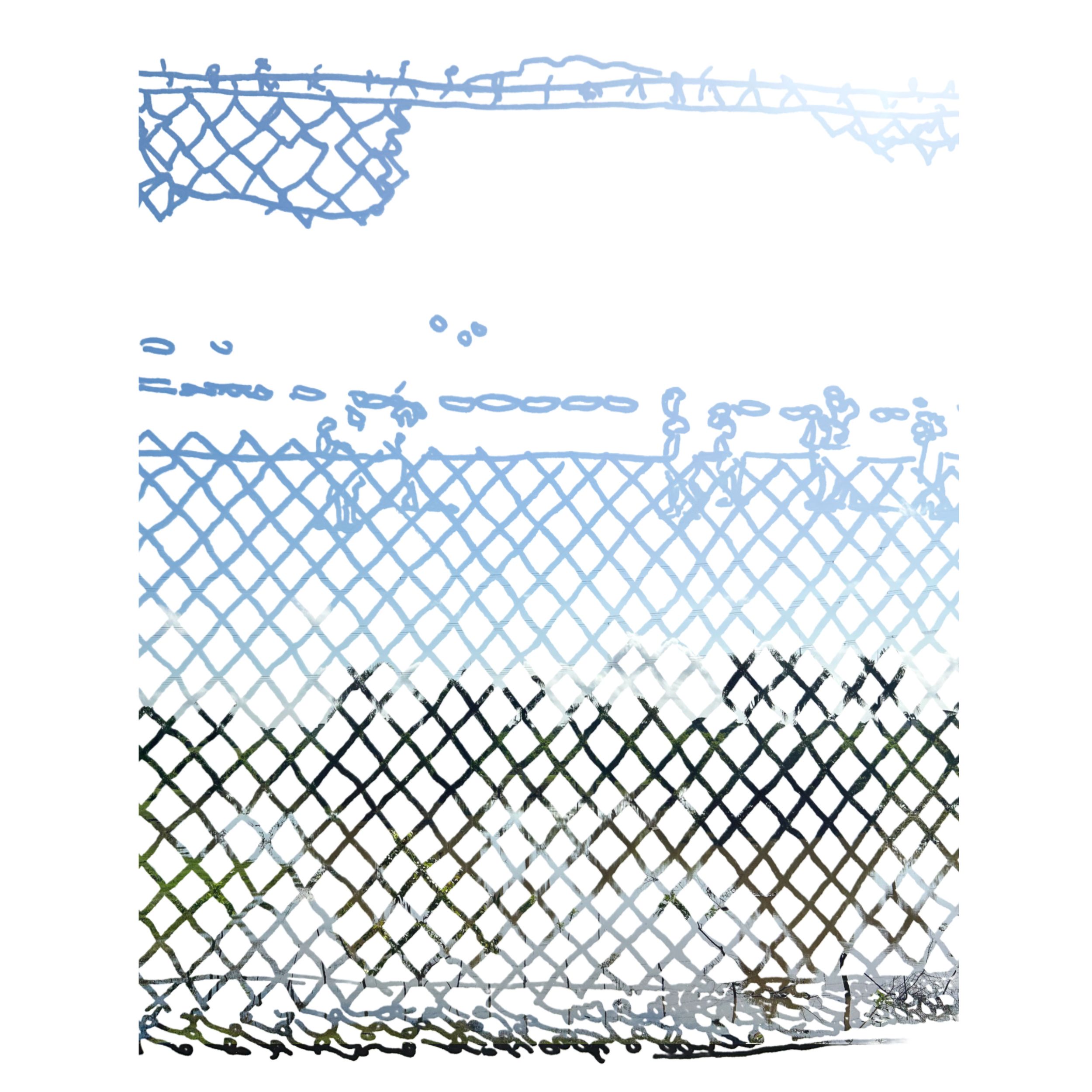 Abstract layered chain-link fence illustration in blue and black tones, showing overlapping mesh patterns on white background.