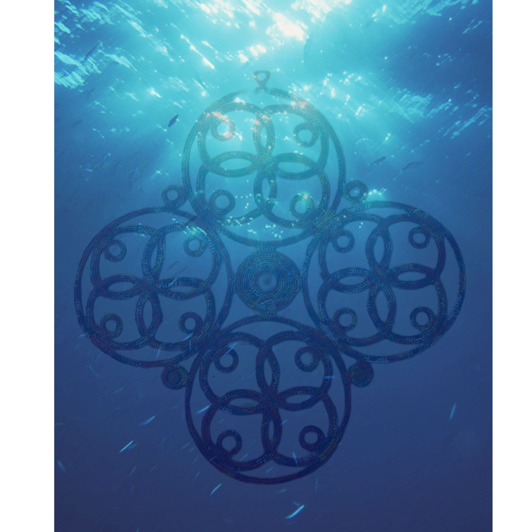 Ornate circular mandala pattern submerged underwater with blue ocean light rays filtering from above.