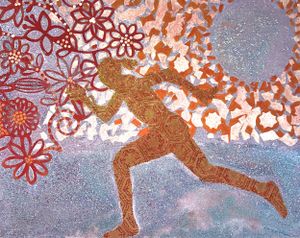 Glitter amber silhouette figure running through a decorative floral pattern with silver background.