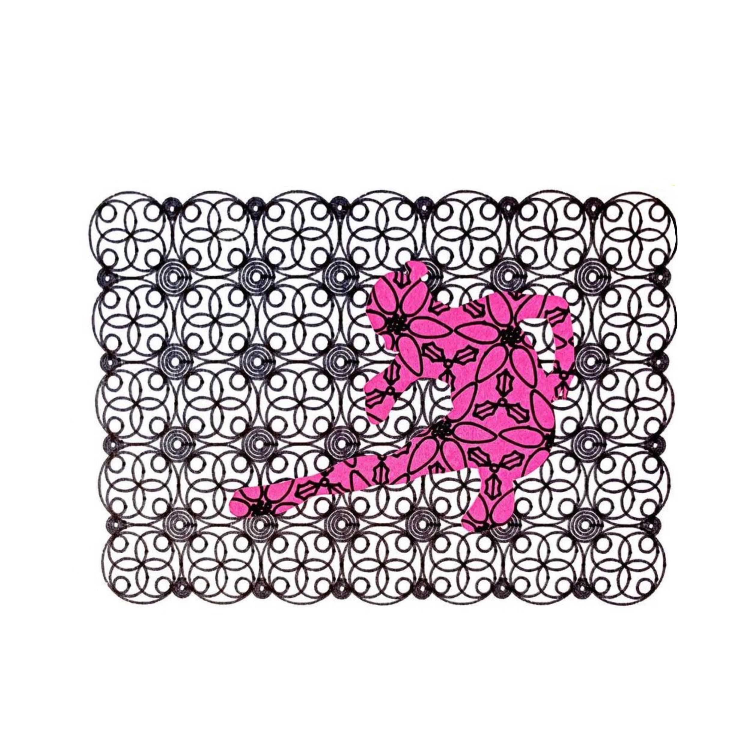 Intricate dark geometric lace pattern with pink floral design accent on white background.
