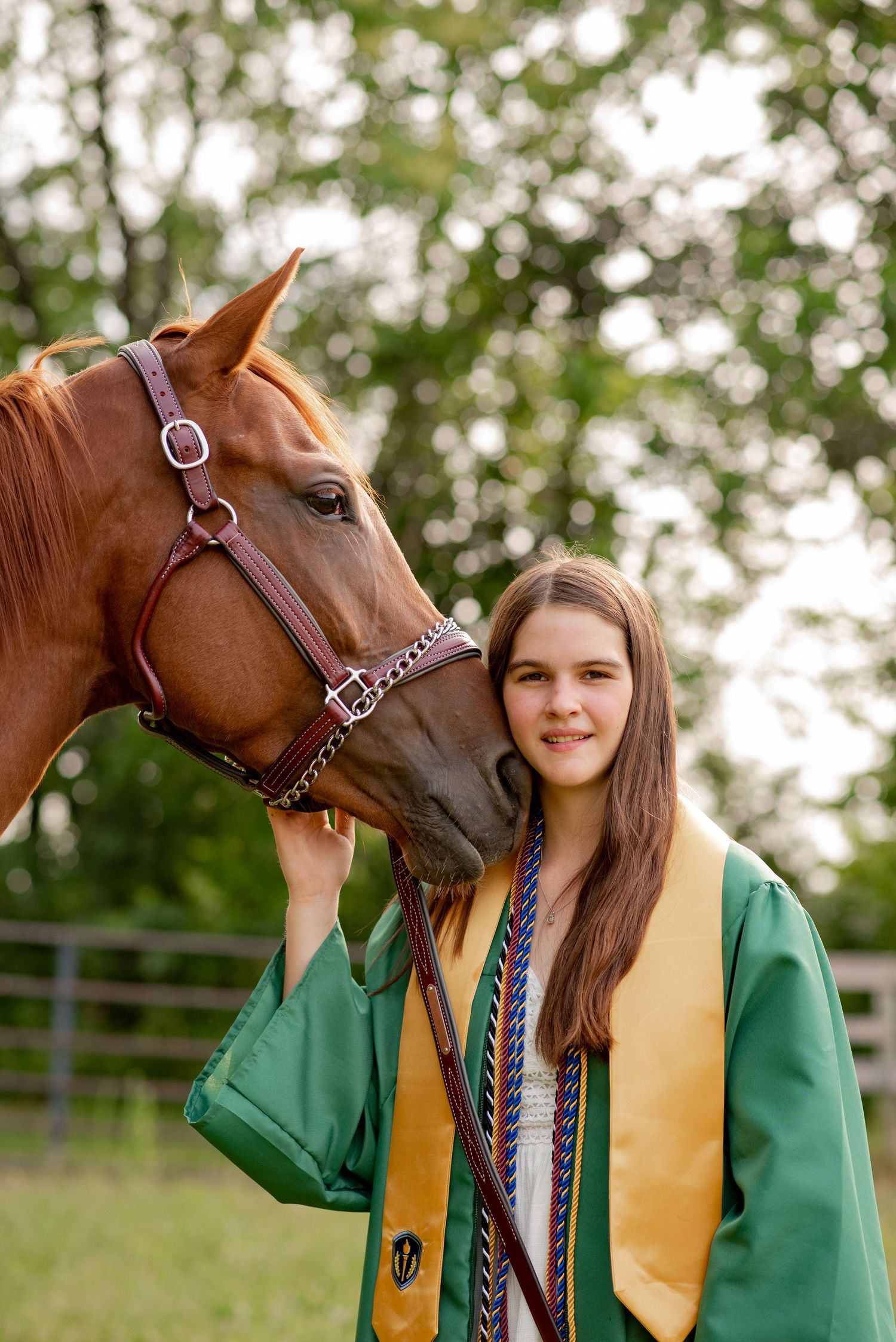 Close-up graduation portrait with a chestnut horse wearing green and gold academic stole.