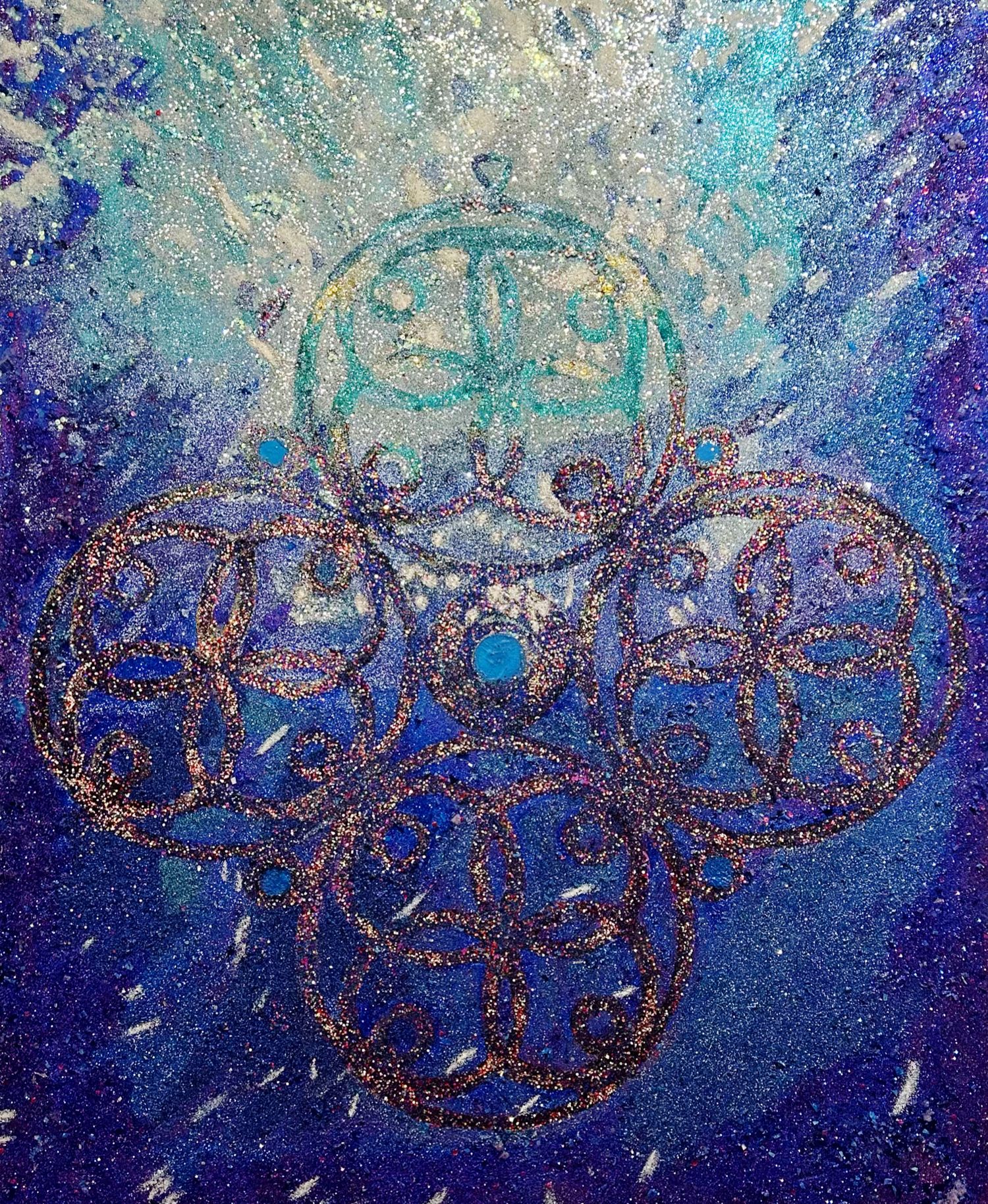 Abstract blue artwork with circular patterns and sparkly texture against gradient background.