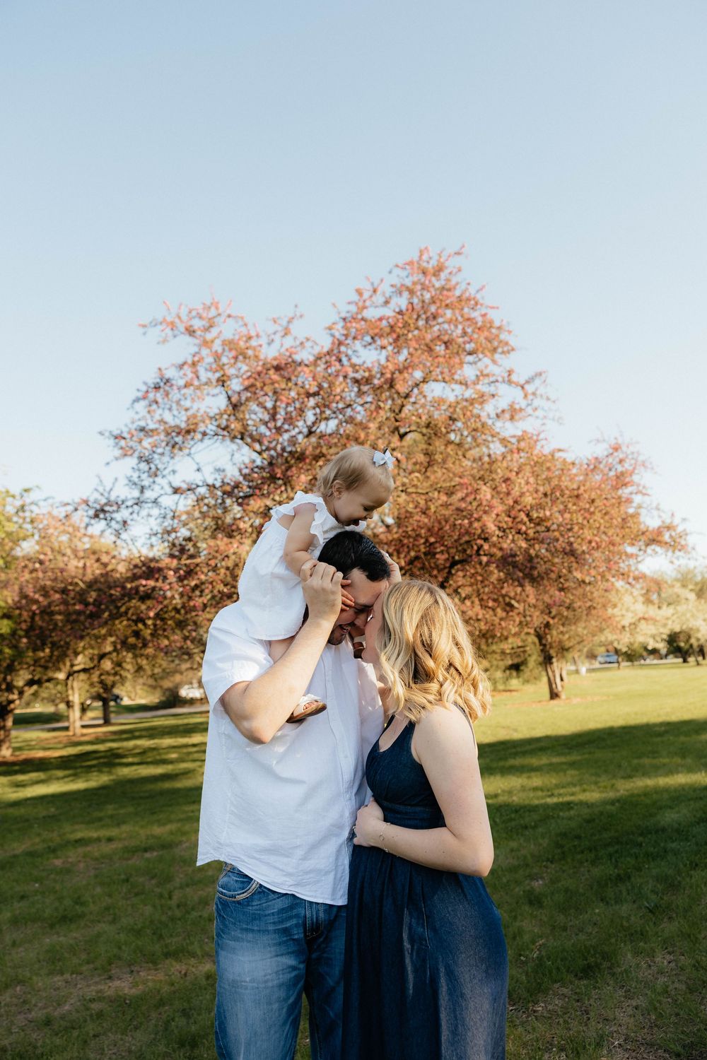 A happy family poses outdoors in a sunny park, with a man lifting a baby while a pregnant woman in a navy dress smiles nearby.