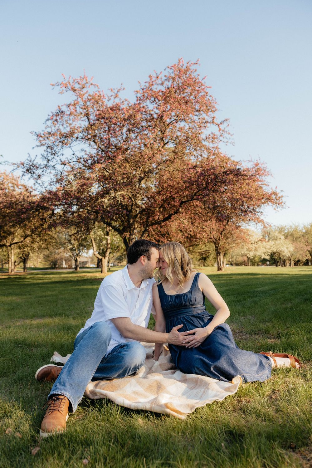 Couple sitting on blanket in park, sharing a kiss, woman in navy dress with baby bump, autumn tree backdrop.