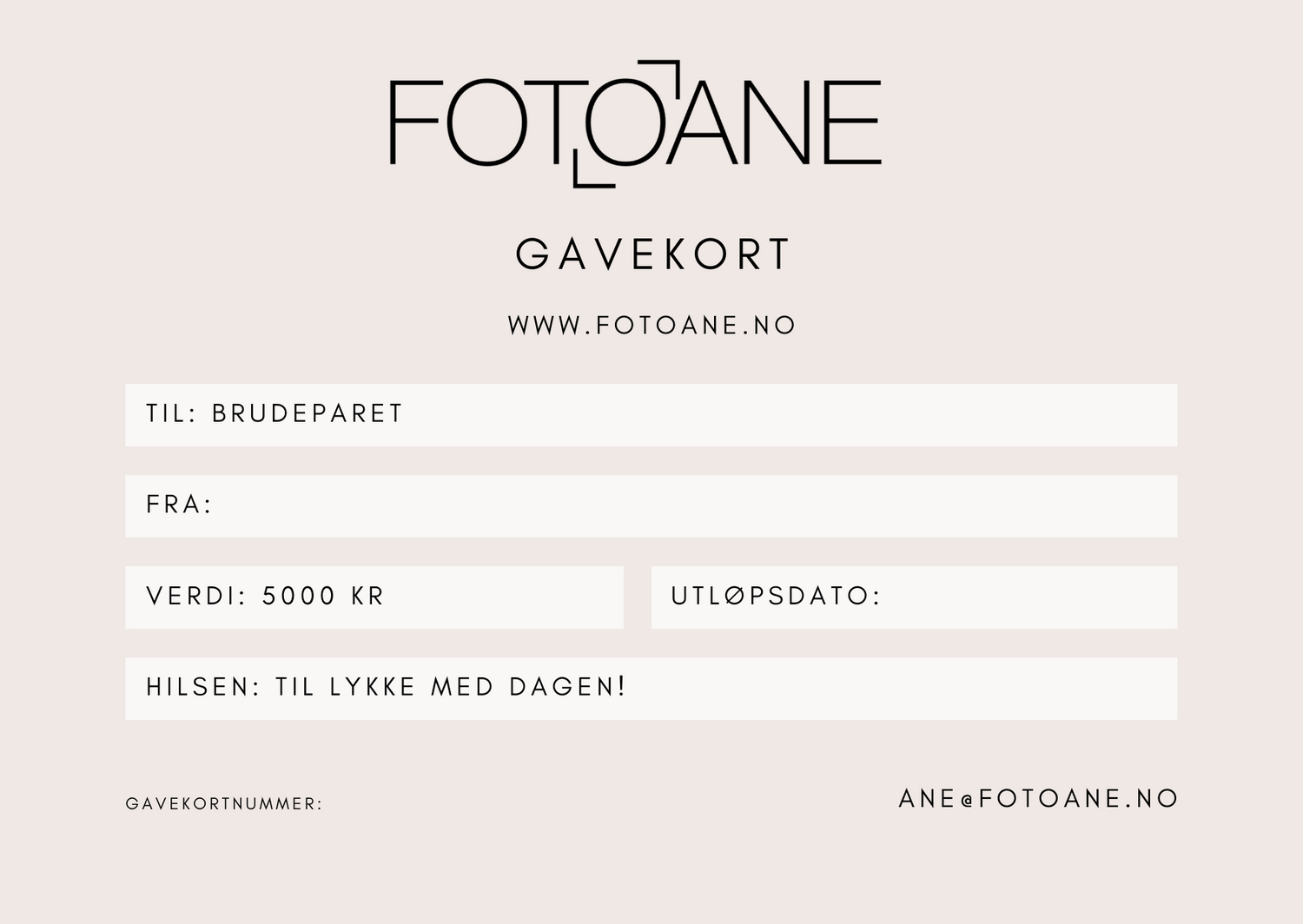 A minimalist gift card design for Fotoåne with clean typography on a light pink background.