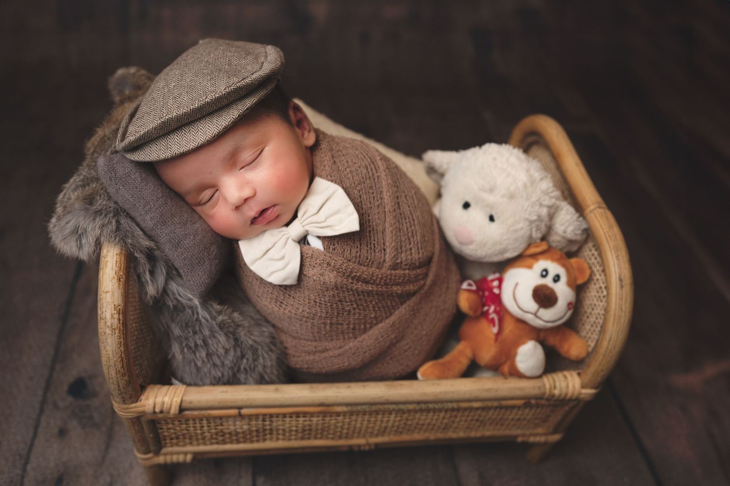 newborn photography session Sammamish WA  collection of vintage-style baby photos featuring a wicker basket, stuffed animals,