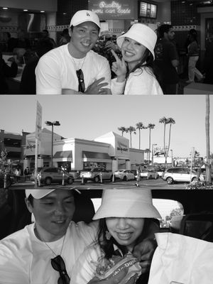 Black and white collage of an Asian couple posing together at an outdoor shopping center in LA.