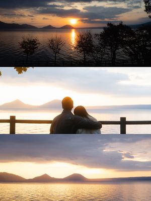 A romantic collage of a couple embracing at sunset over a calm mountain lake.