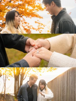 A romantic collage of a couple exchanging rings and walking together in autumn foliage.