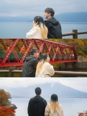 A collage of a couple enjoying scenic views of a lake, red bridge, and mountain in autumn.