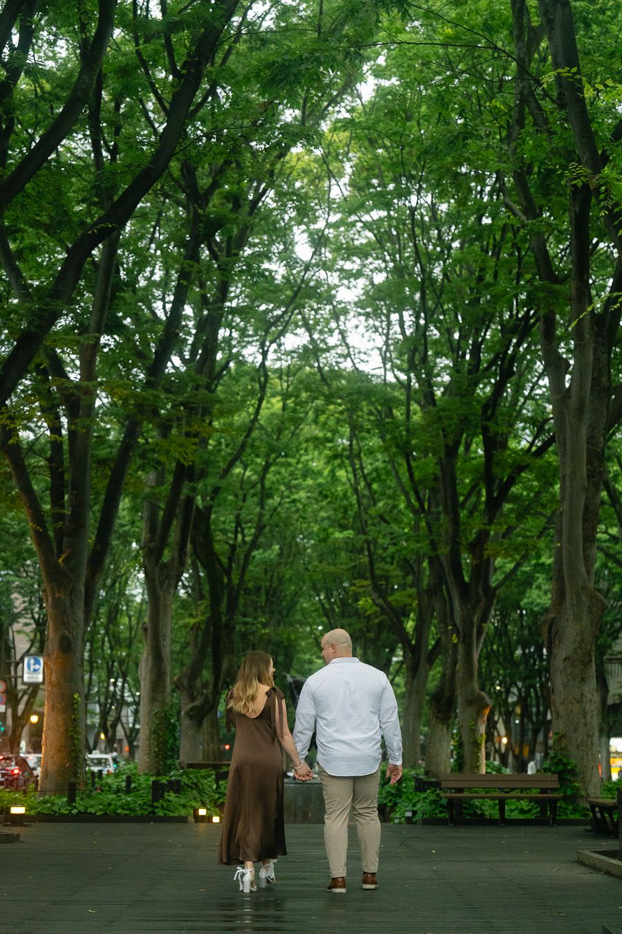 Couple holding hands walking down a tree-lined avenue path in a lush green park, woman in brown dress, man in white shirt.