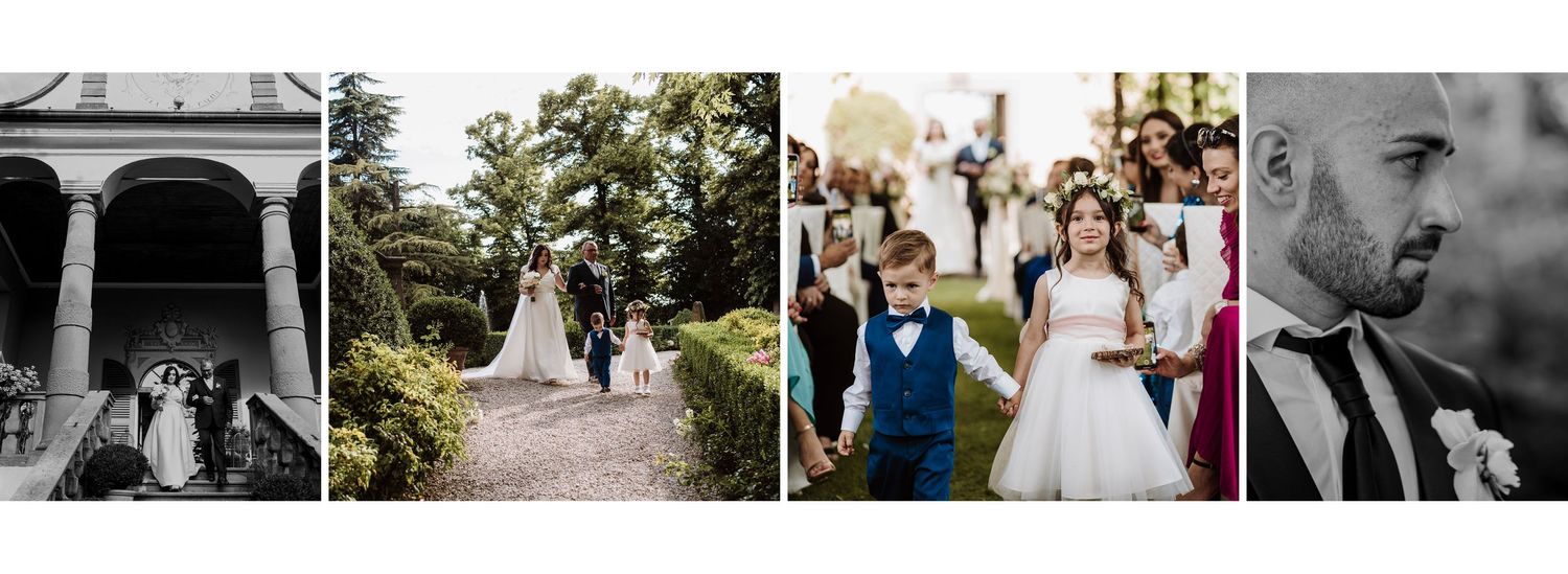 Wedding ceremony collage with black and white couple portraits, processional, and flower girl moments.