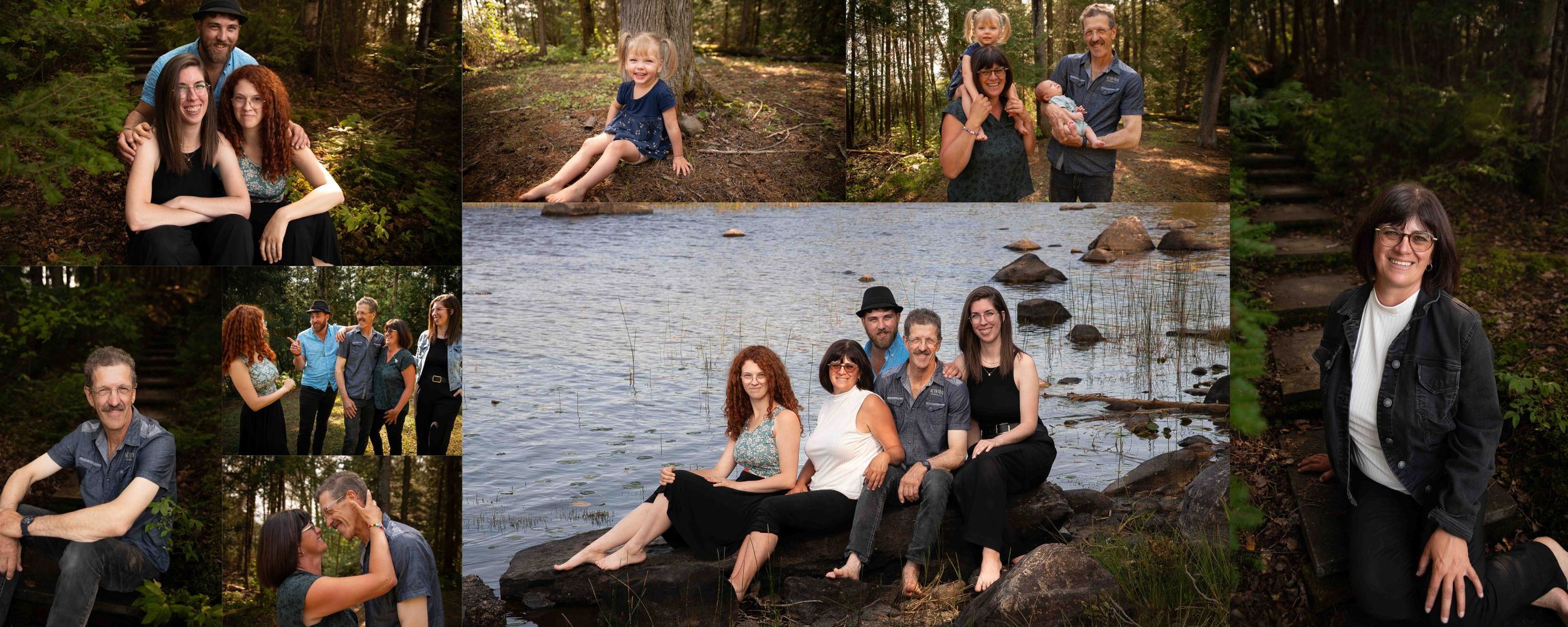 Professional outdoor photography session by a lake with multiple group poses.