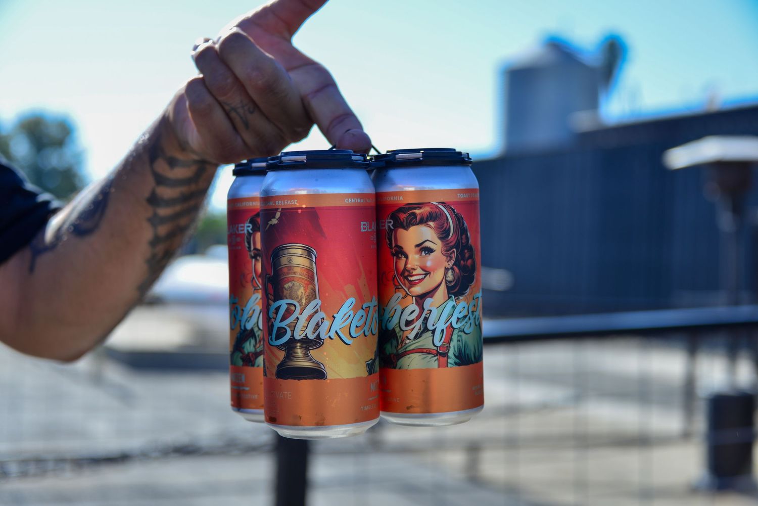 Hand holding four cans of craft beer against a blue sky background.