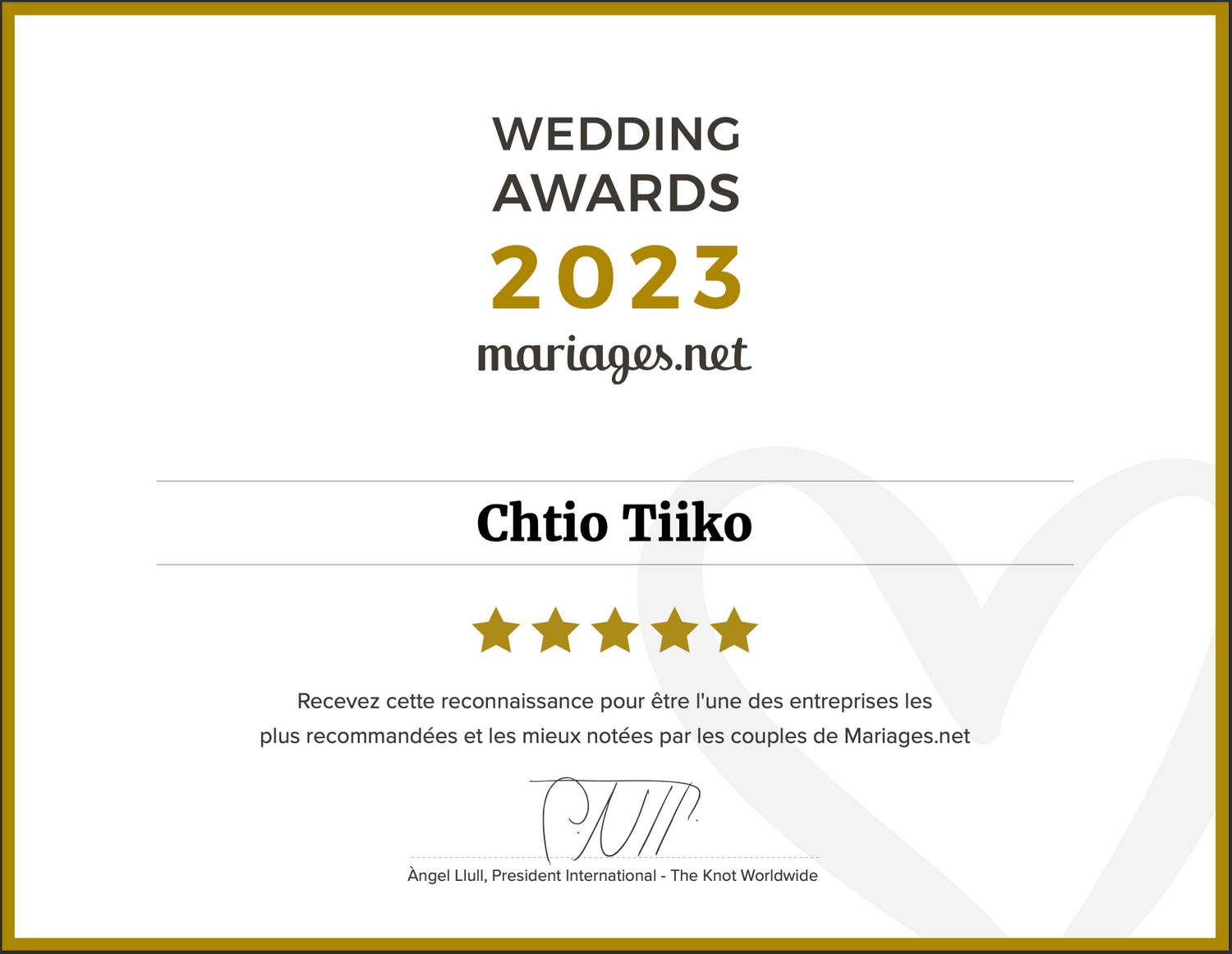 Wedding Awards 2023 certificate from mariages.net awarded to Chtio Tiiko with four-star rating.