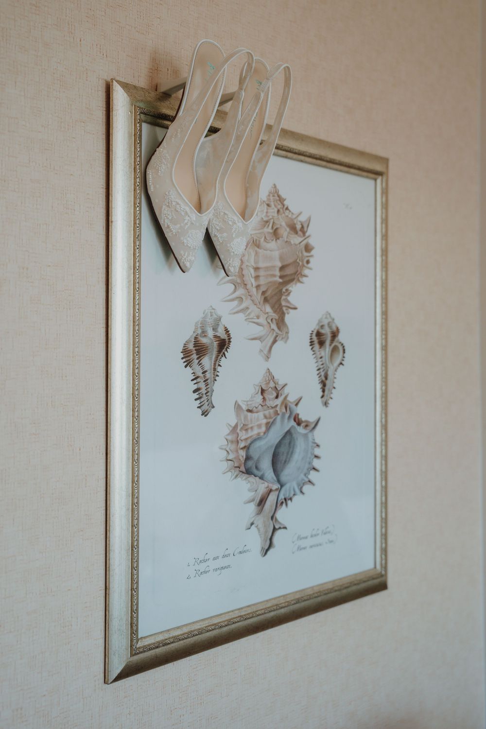 White lace bridal heels hanging on a silver-framed seashell botanical art print mounted on a beige wall.