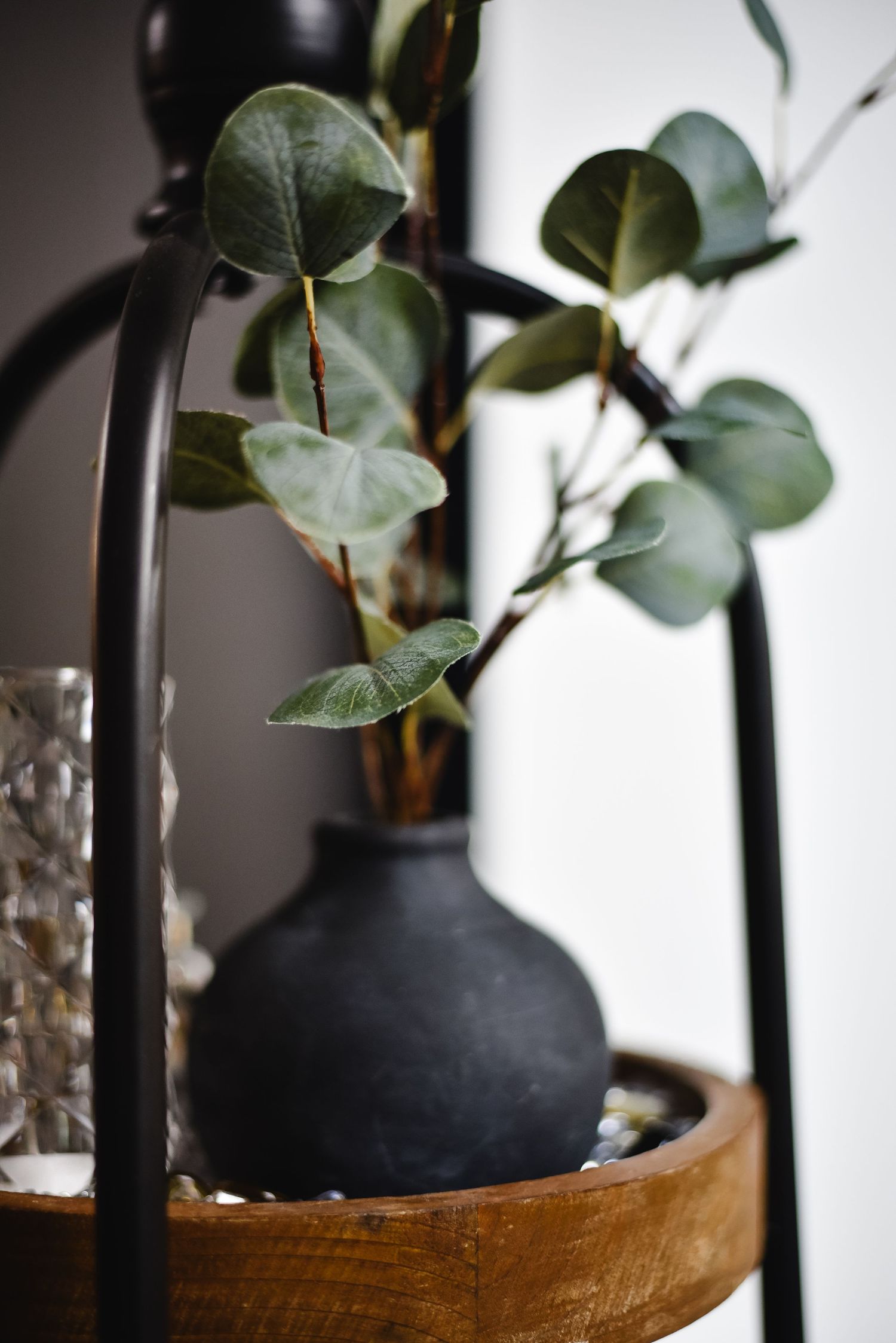 Close-up of eucalyptus leaves and black vase on wooden tray with minimalist styling.