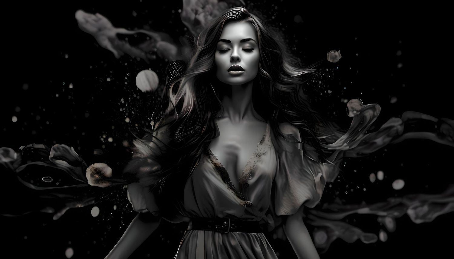 Dramatic monochrome portrait featuring woman with billowing hair against dark background.