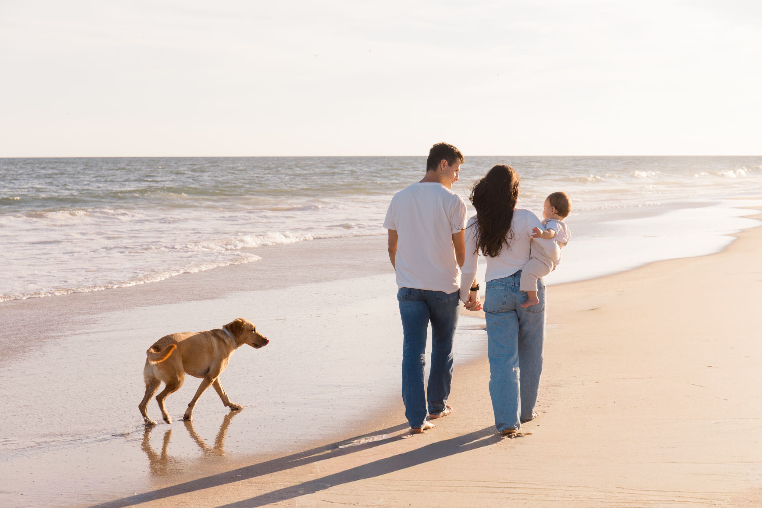 People strolling on beach with their dog during golden hour by Hamptons photographer.