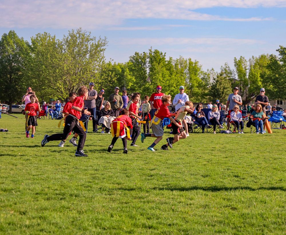 A group of people and dogs run across a grassy field during an outdoor event with spectators watching from the sidelines.