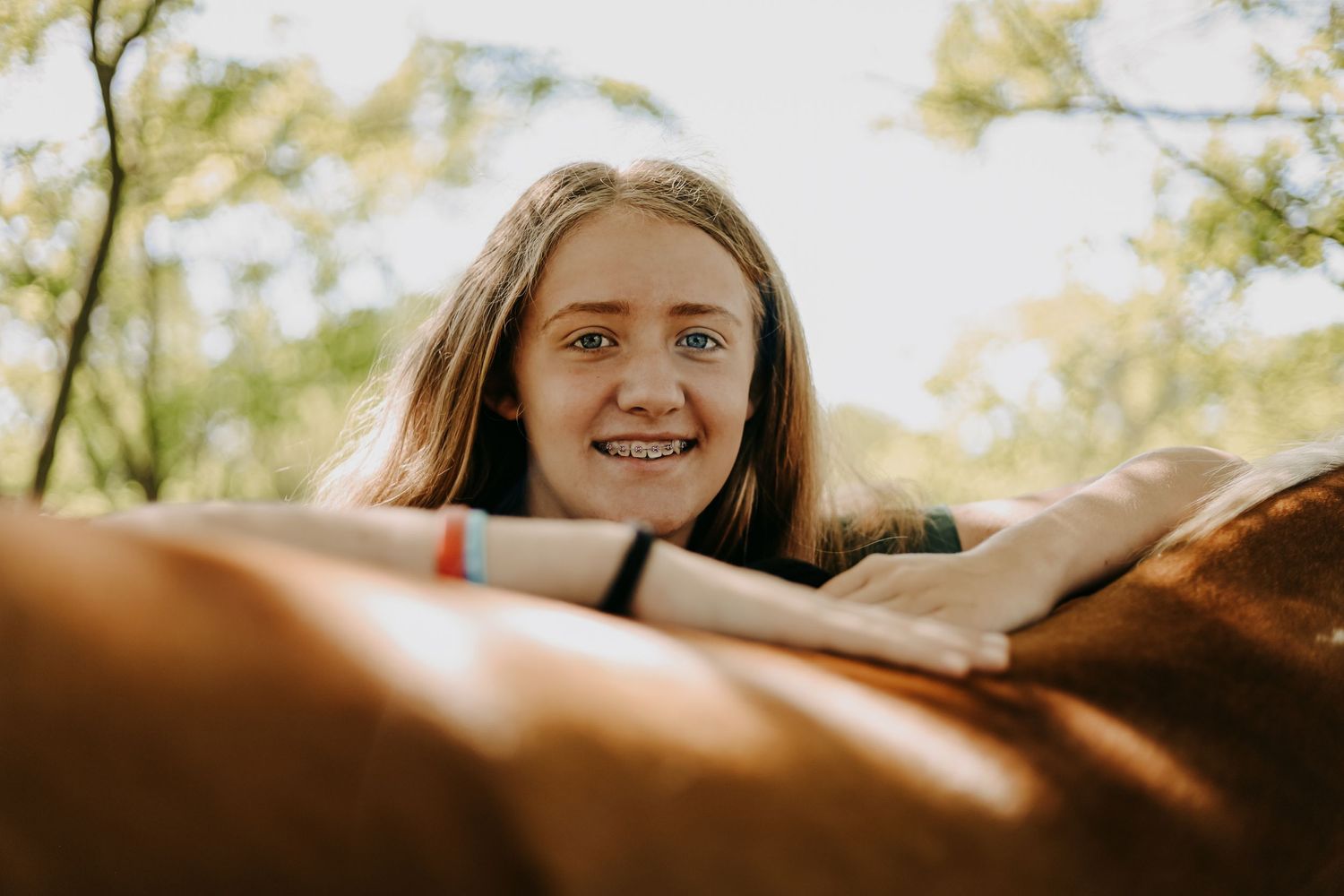Person leaning over the back of a chestnut horse in sunny outdoor setting.
