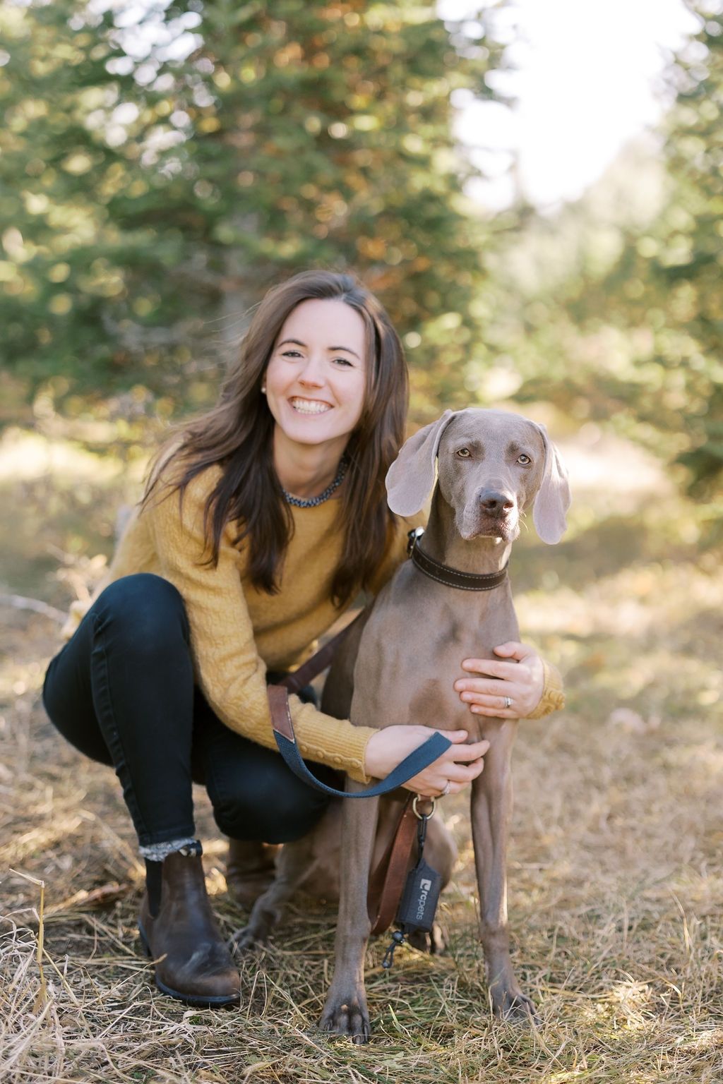 A Weimaraner dog stands with its companion in an outdoor setting during autumn.