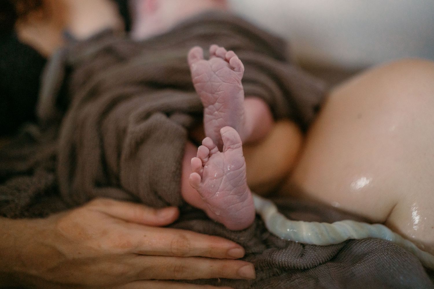 A pair of tiny newborn baby feet resting on soft brown fabric as adult hands gently cradle them.