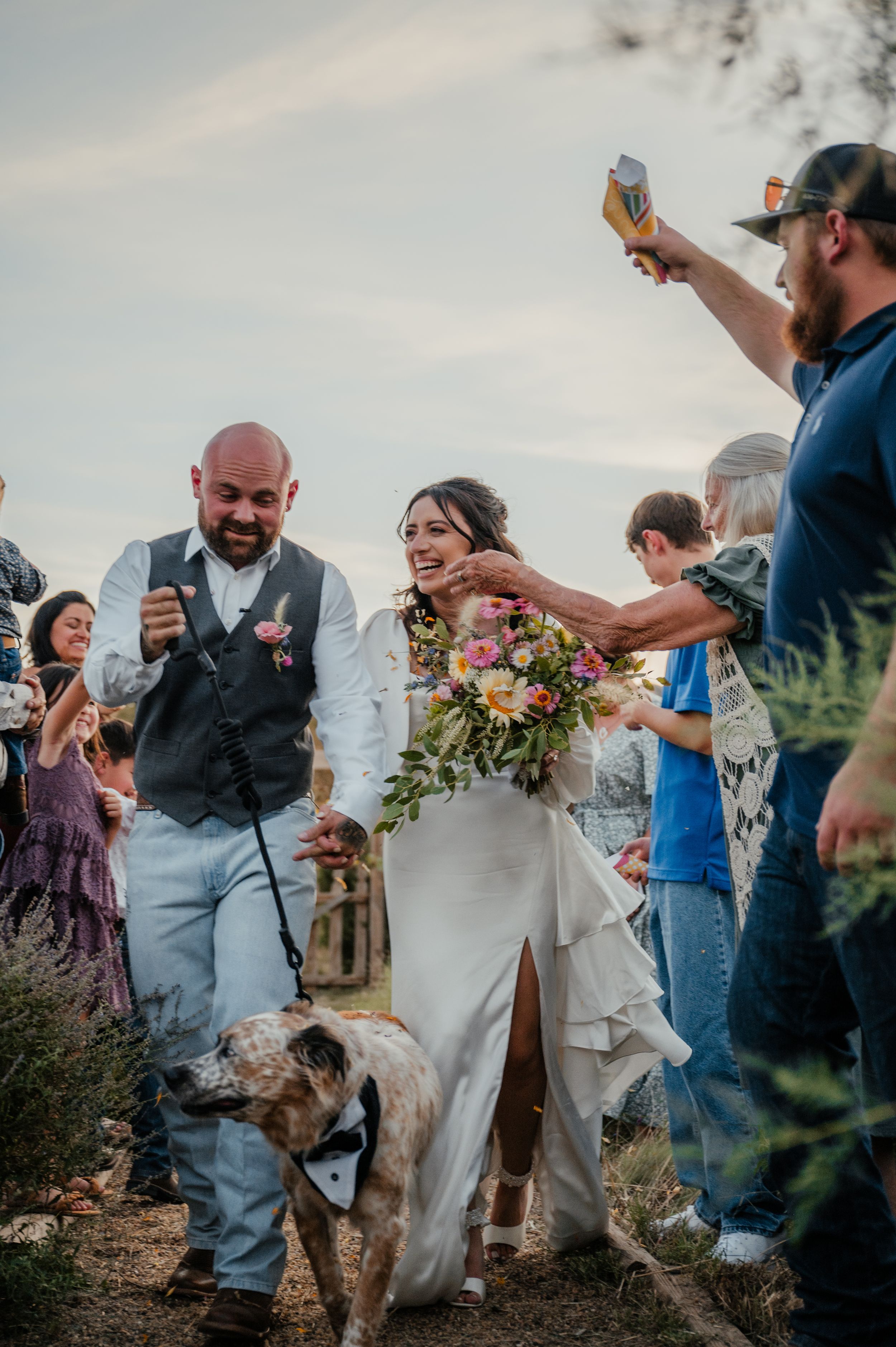 Joyful outdoor wedding celebration with guests raising their drinks as newlyweds walk with their dog.