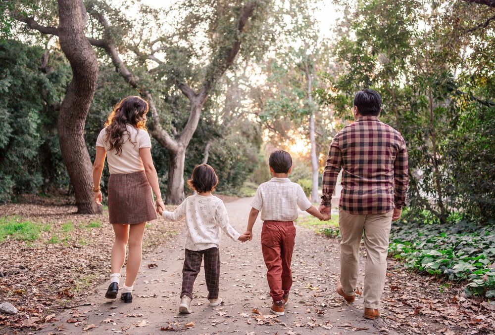 Family of four holding hands walking together on a tree-lined forest path.