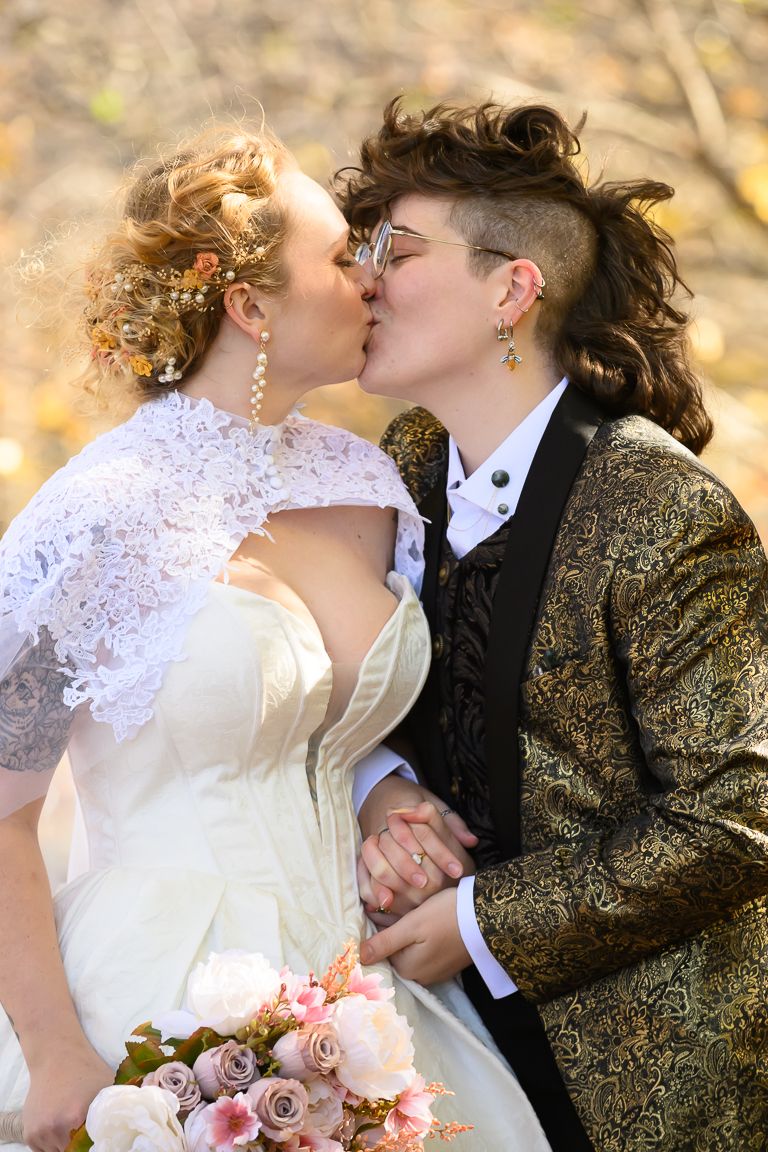 A couple in wedding attire share romantic kisses in a sequence of photos with a golden autumn background.