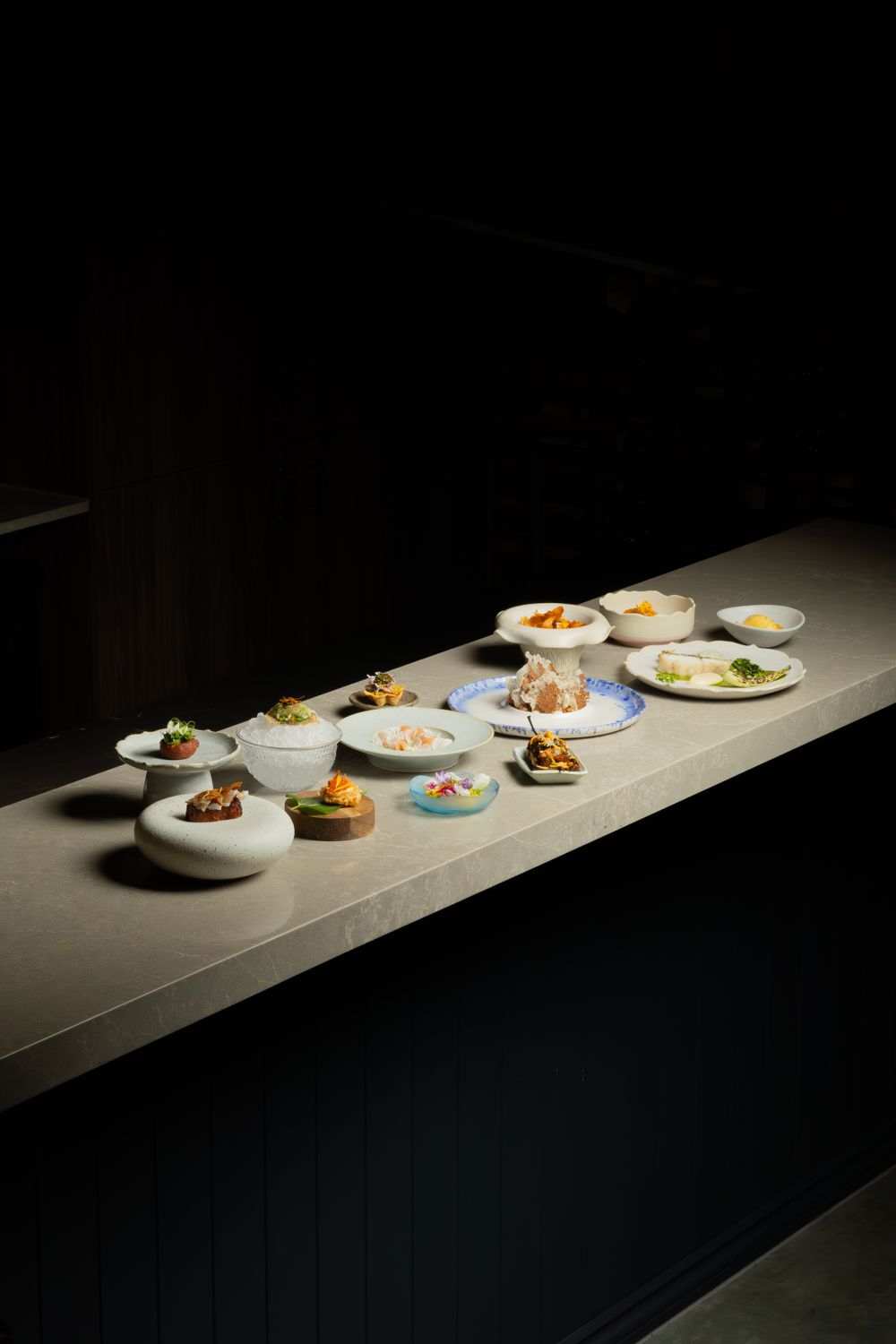 Various gourmet dishes artfully presented on white plates along a dark counter in dramatic lighting.