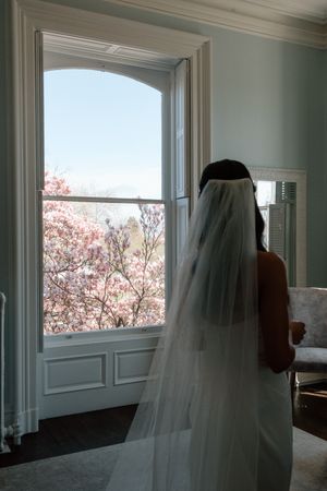 A ghostly figure in white veil stands silhouetted against a window with pink cherry blossoms visible outside.