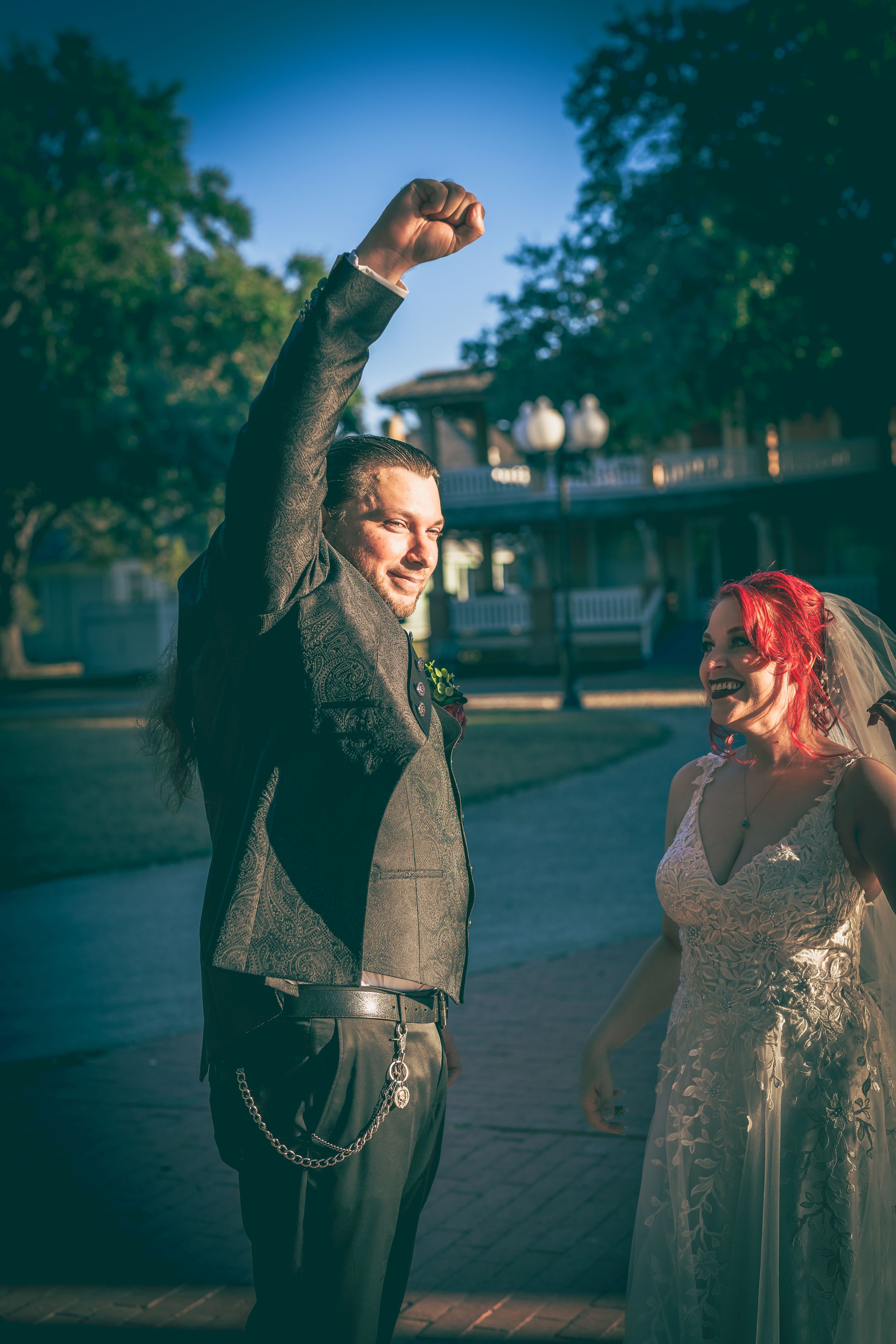 Groom pumping fist in the air, Corpus Christi, Texas