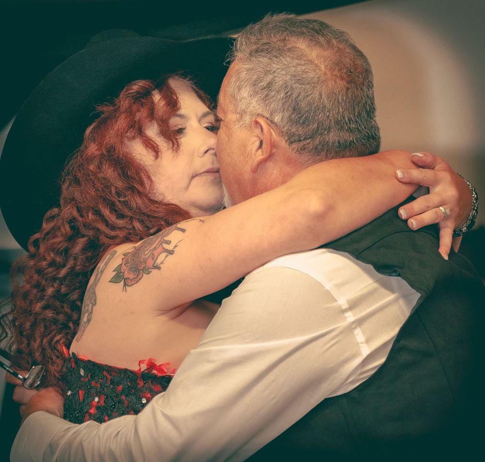 Seven sequential photos showing a romantic wedding couple in intimate embrace at their reception celebration.
