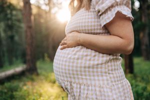 Close-up of pregnant belly in gingham dress with sunlit forest background.