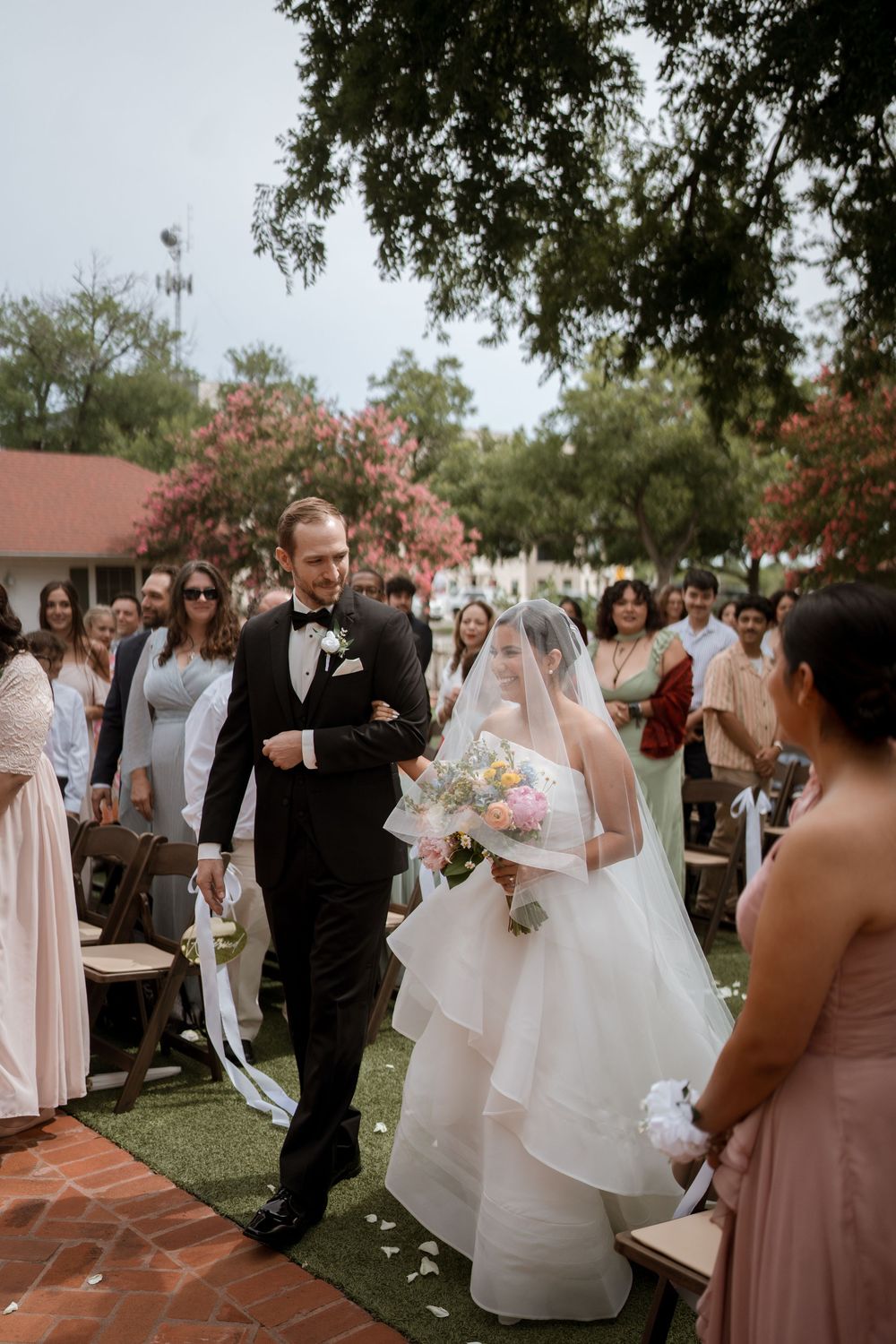 Woodbine Mansion Wedding Photos of bride walking down isle with father