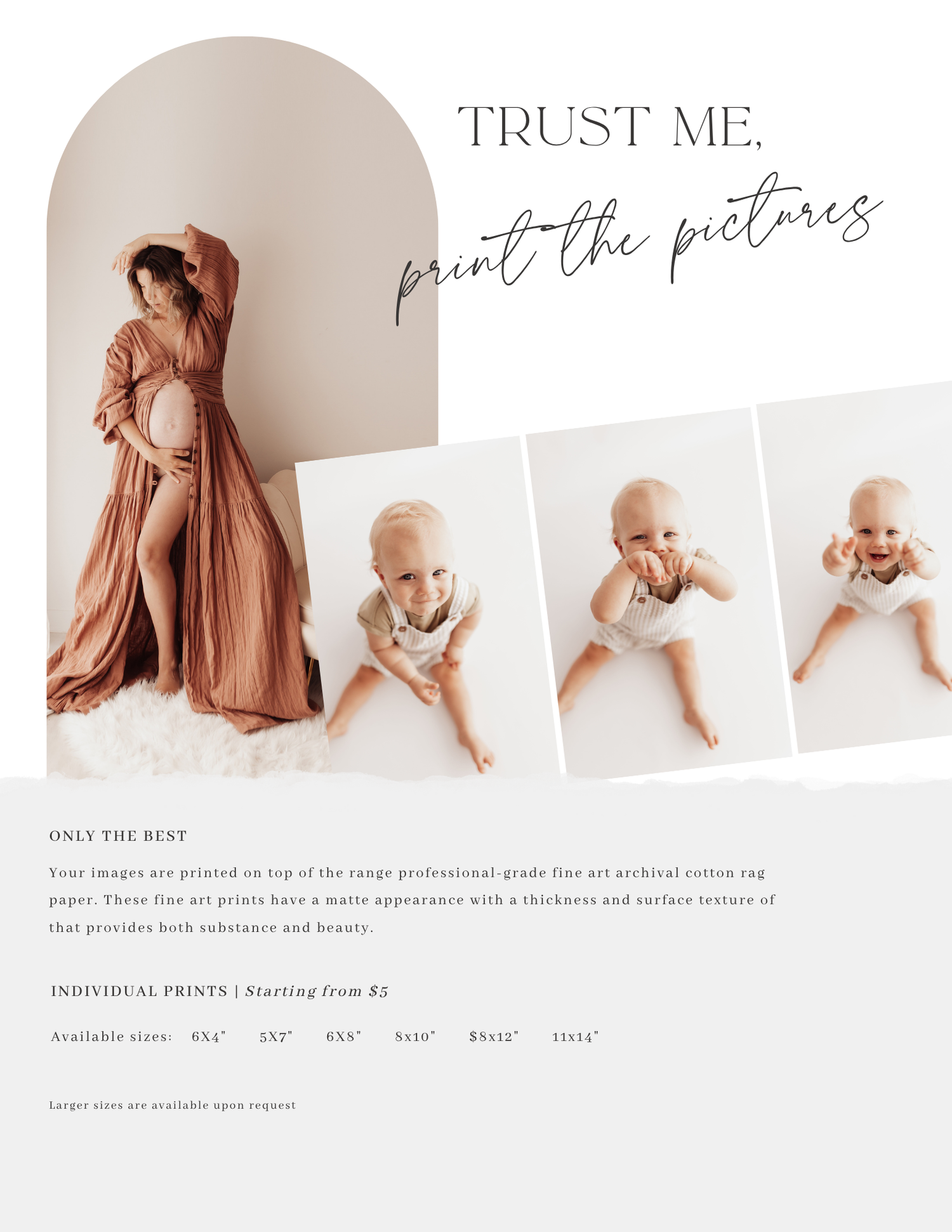 Modern photography pricing guide template with neutral tones and soft fabric textures.